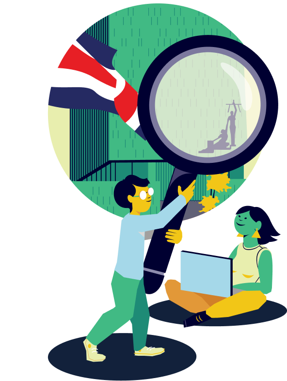 Imagen de persona con una lupa y una persona con una computadora